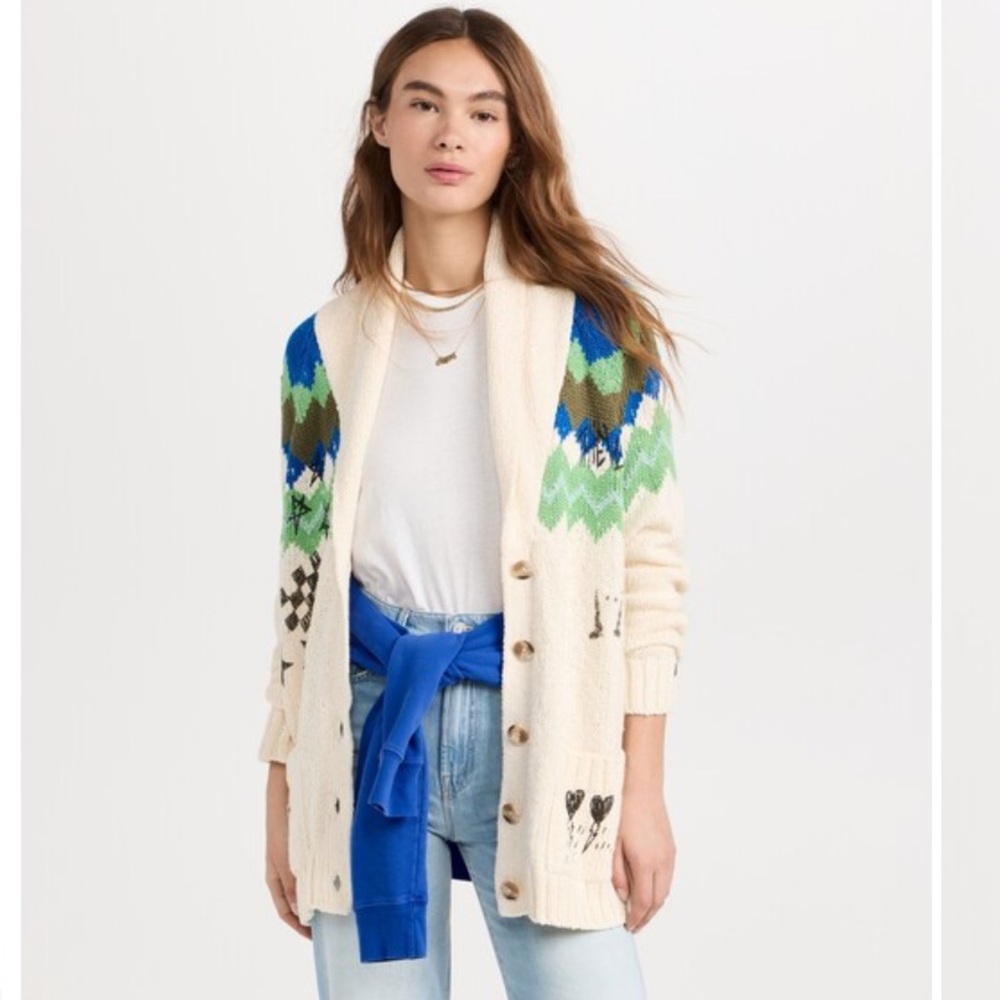 MOTHER Shaw Collar Graphitic Cream Cardigan with Graphic. New without tags.